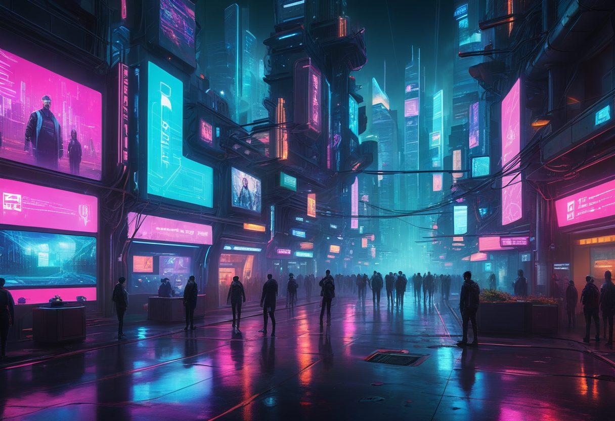 A futuristic cityscape with interconnected digital nodes and virtual barriers, representing comprehensive cyber security. Show holograms displaying shields and locks, with avatars symbolizing users interacting with various devices. Include a seamless transition from urban elements to abstract digital panels. neon colors. cyberpunk. high-tech and sleek.