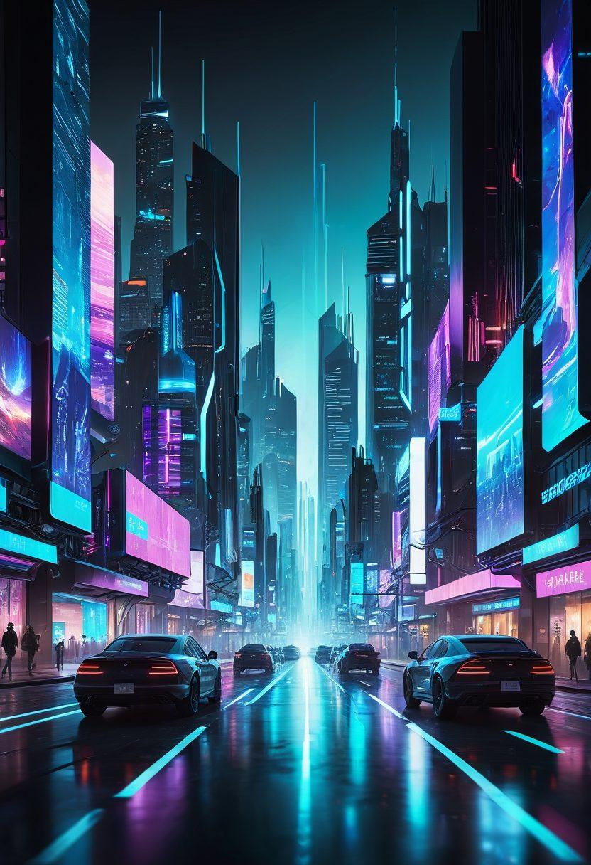A futuristic cityscape divided into two halves; one side depicts a bustling, high-tech metropolis representing business needs with holographic billboards and advanced digital security systems, while the other side shows a cozy home environment with personal devices such as smartphones, laptops, and smart home gadgets safeguarded by glowing shields. A seamless network of data streams flows across both scenes, symbolizing comprehensive online safety. cyberpunk. vibrant colors. monochrome background.