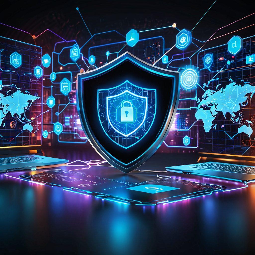 A sophisticated digital network with glowing nodes and connections representing online security. In the foreground, a futuristic shield encompasses diverse business elements: a storefront, a digital lock, and user icons symbolizing the tailored insurance solutions. Background features subtle financial graphs overlaying a world map. Surreal, vibrant colors. 3D. Cyberpunk style.